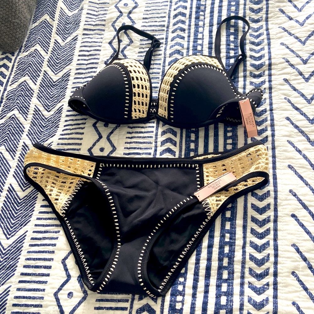 Black and Cream Crochet Swimsuit